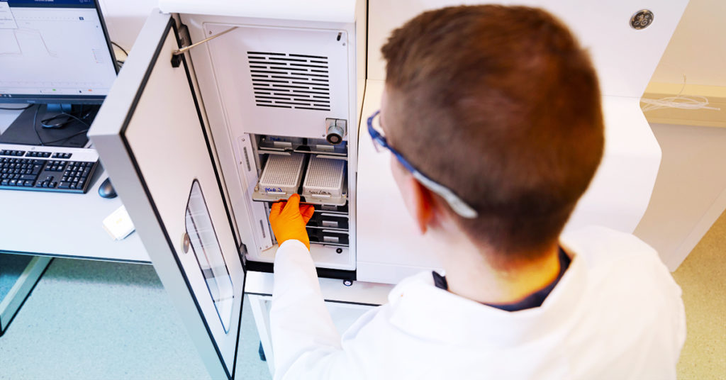 Scientist at the Oncodesign Services-ZoBio Group laboratory in Leiden, the Netherlands, works on a surface plasmon resonance (SPR) experiment.